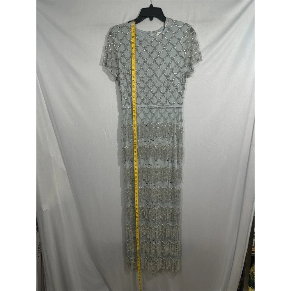 NWT Mac Duggal [ 6 ] 94077 Fringe Embellished Mesh Ankle Length Dress Gown J2379